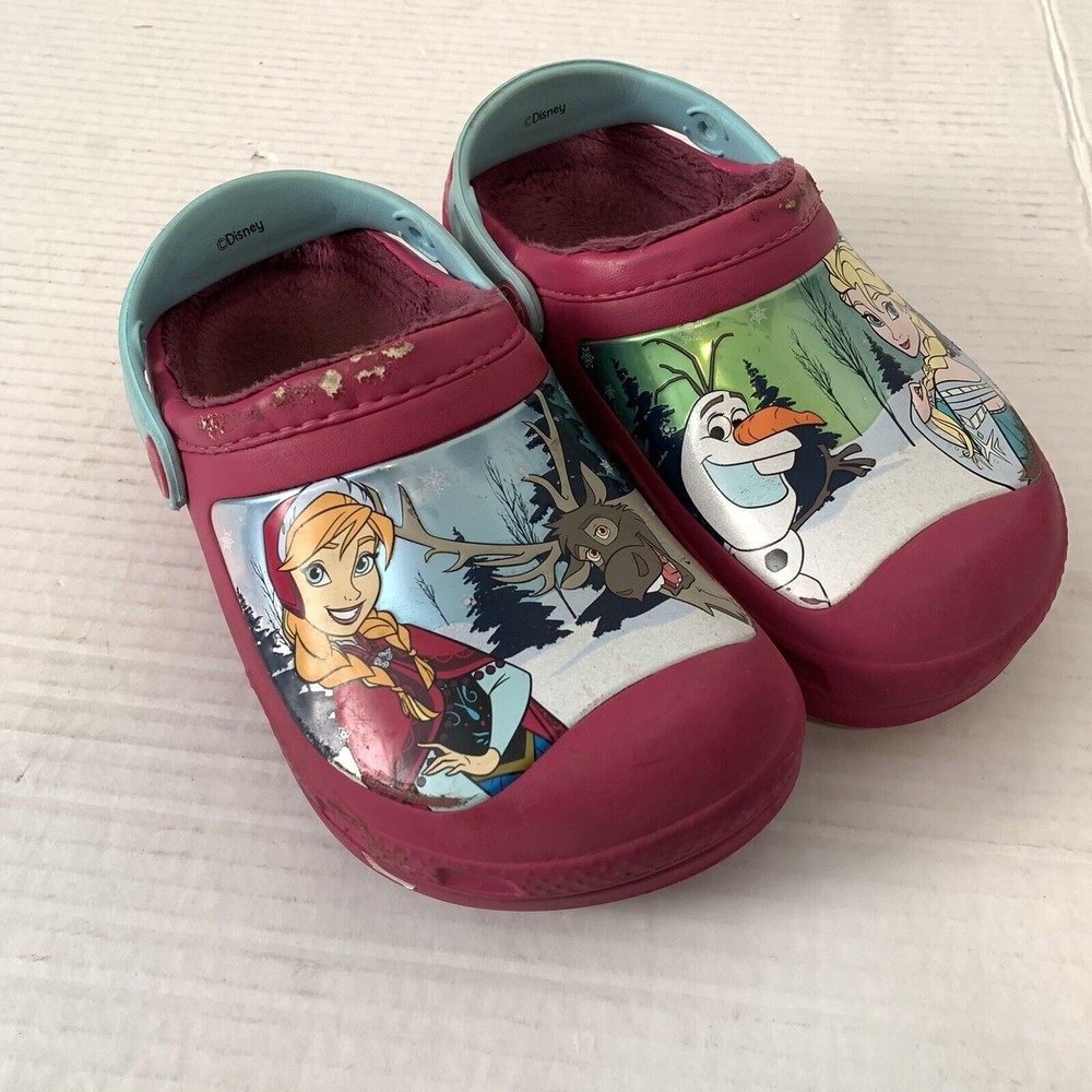 Crocs Frozen Girls Kids 1 Slip On Mules Rubber Fuzzy Lined Pink Anna Elsa